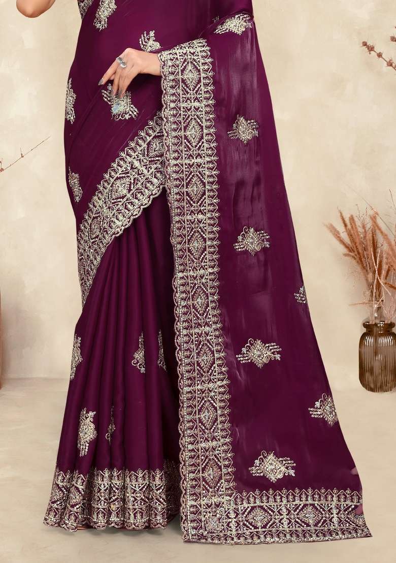 Wine Sequin Work Silk Saree Set for Diwali and Festive Wear - Indya