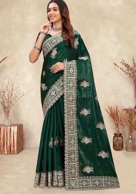 Dark Green Sequin Work Silk Saree Set