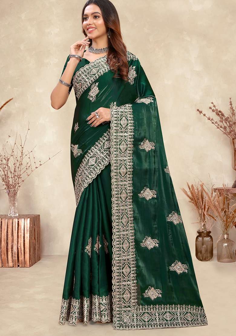 Dark Green Work Silk Saree Set with Sequin for Diwali | Wedding & Festive Wear - Indya