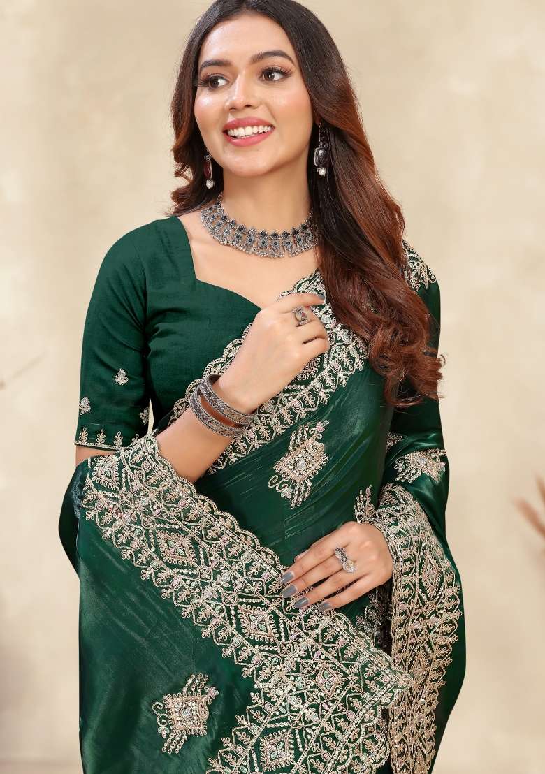 Dark Green Work Silk Saree Set with Sequin for Diwali | Wedding & Festive Wear - Indya