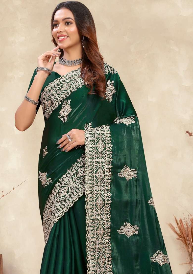 Dark Green Work Silk Saree Set with Sequin for Diwali | Wedding & Festive Wear - Indya