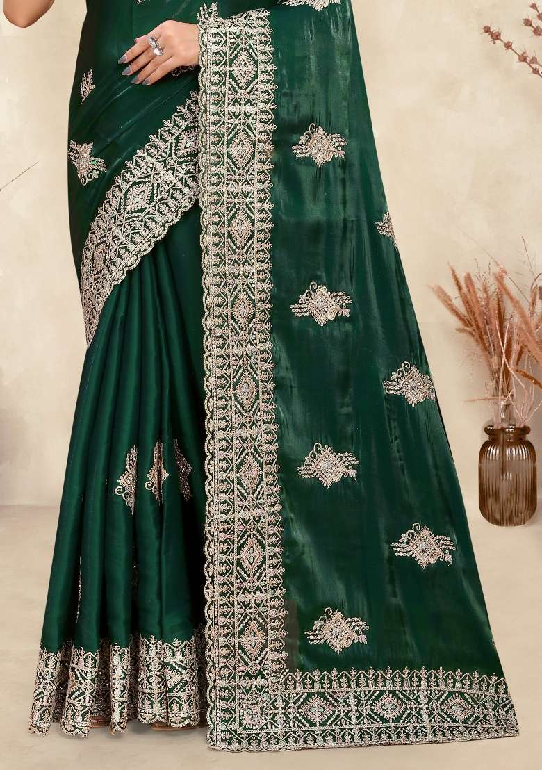 Dark Green Work Silk Saree Set with Sequin for Diwali | Wedding & Festive Wear - Indya