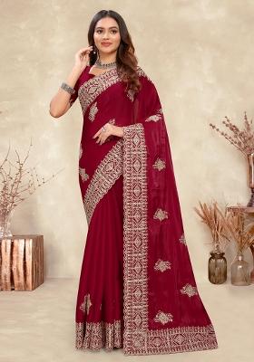 Red Sequin Work Silk Saree Set