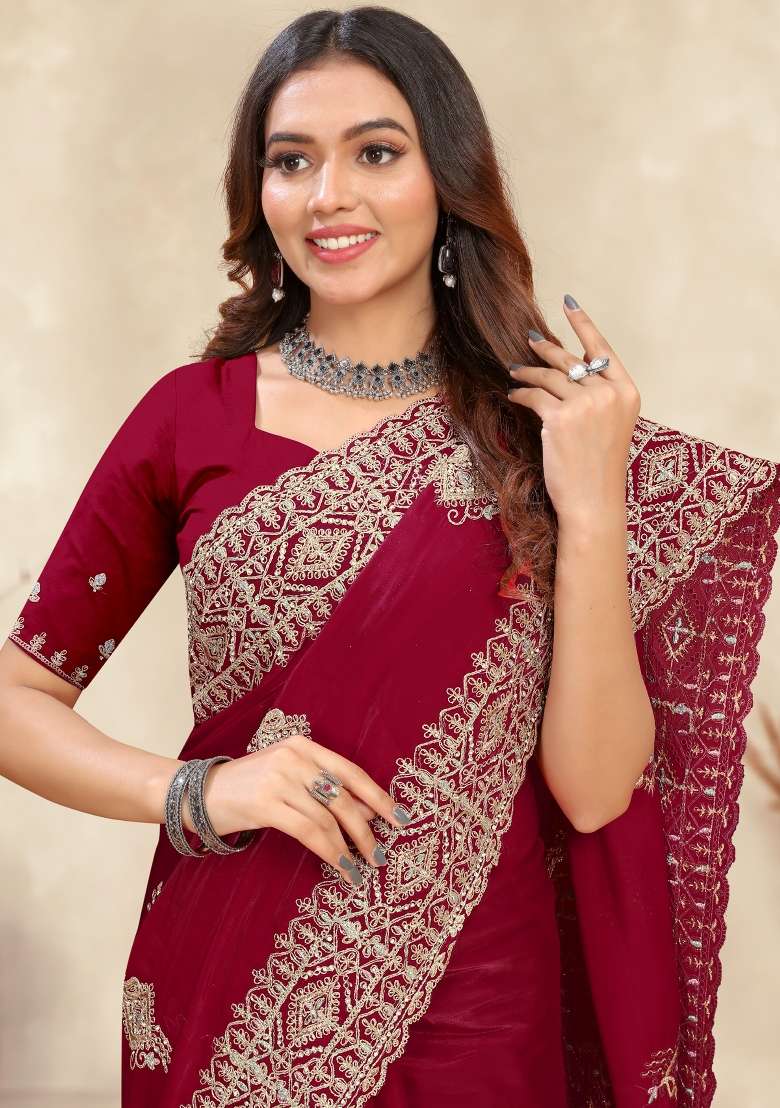 Red Sequin Work Silk Saree Set for Diwali and Festive Wear - Indya