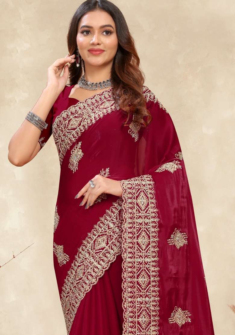 Red Sequin Work Silk Saree Set for Diwali and Festive Wear - Indya