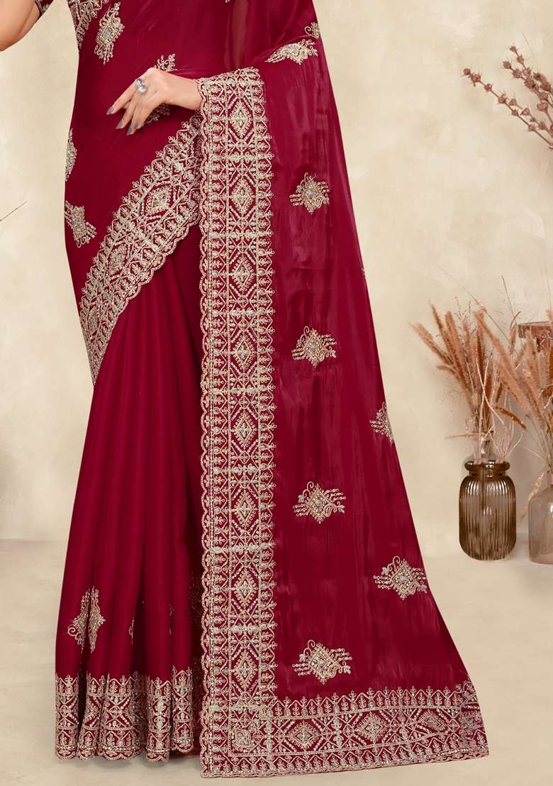 Red Sequin Work Silk Saree Set for Diwali and Festive Wear - Indya