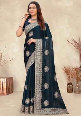 Teal Blue Sequin Work Silk Saree Set
