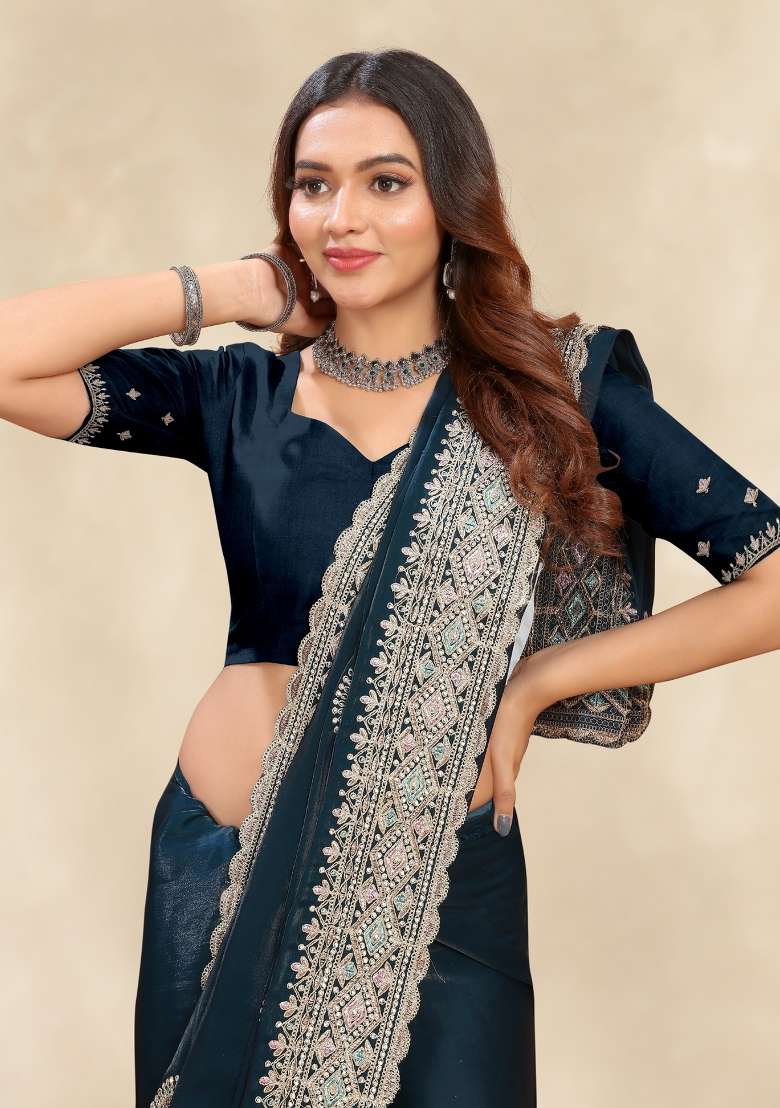 Teal Blue Sequin Work Silk Saree Set for Diwali and Festive Wear - Indya
