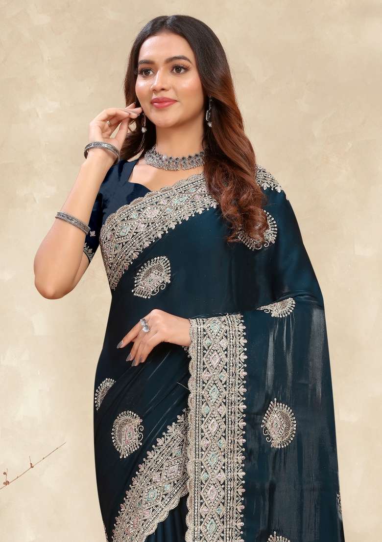 Teal Blue Sequin Work Silk Saree Set for Diwali and Festive Wear - Indya
