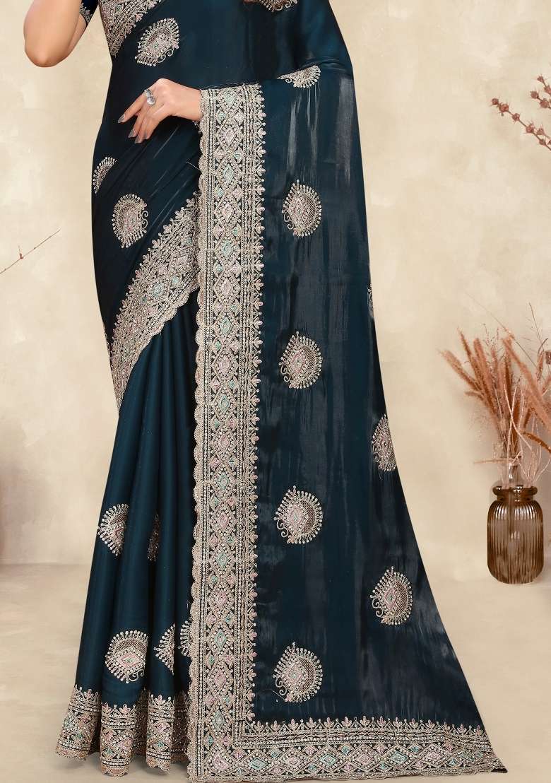 Teal Blue Sequin Work Silk Saree Set for Diwali and Festive Wear - Indya