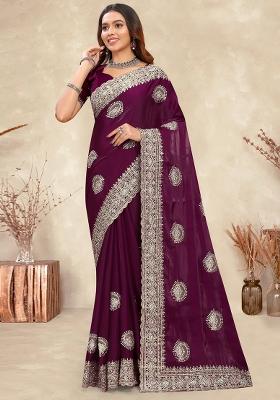 Wine Sequin Work Silk Saree Set