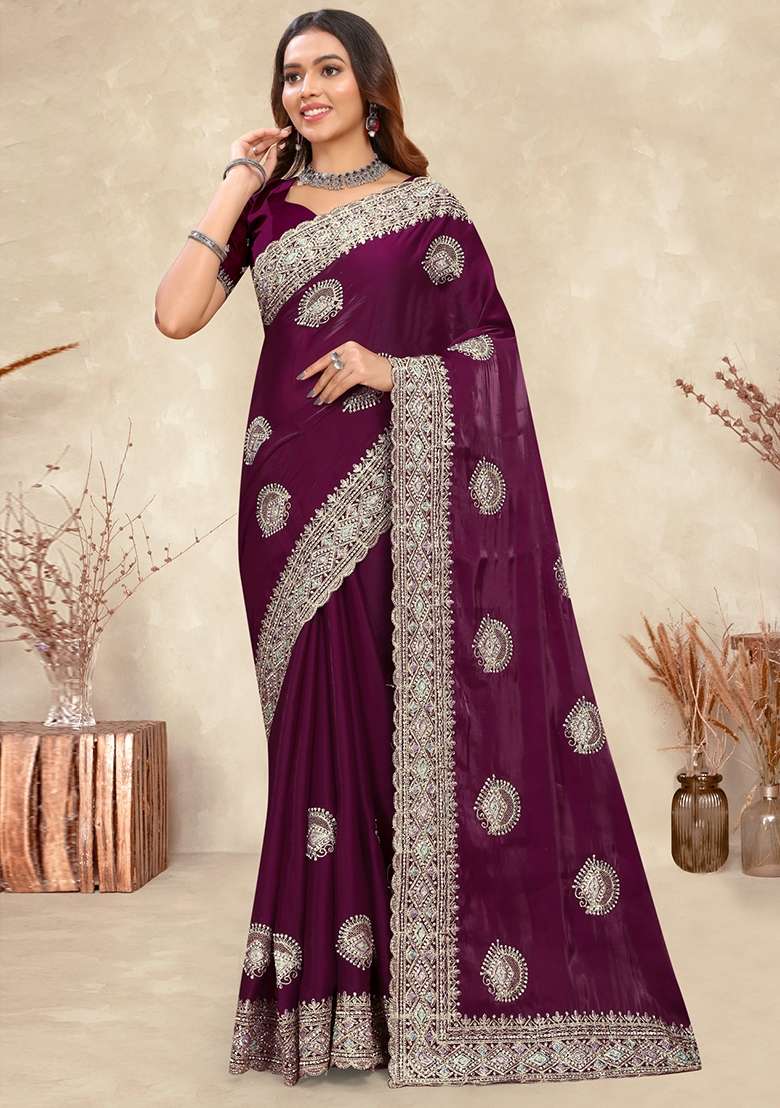 Wine Sequin Work Silk Saree Set for Diwali and Festive Wear - Indya