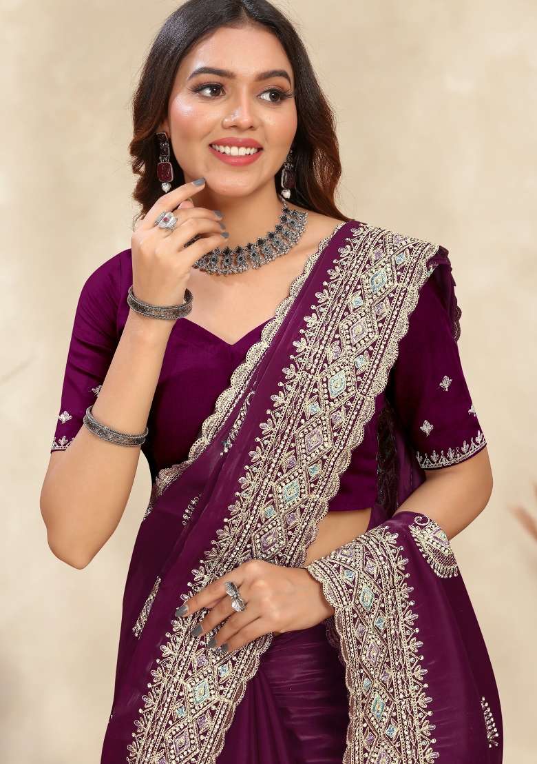 Wine Sequin Work Silk Saree Set for Diwali and Festive Wear - Indya