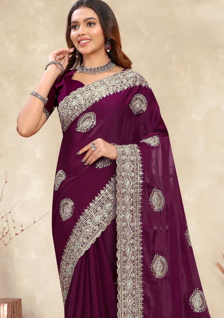 Wine Sequin Work Silk Saree Set for Diwali and Festive Wear - Indya