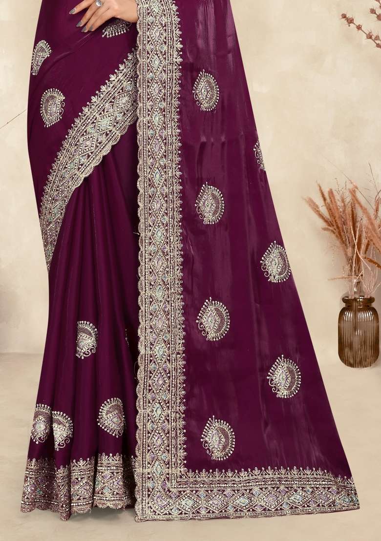 Wine Sequin Work Silk Saree Set for Diwali and Festive Wear - Indya