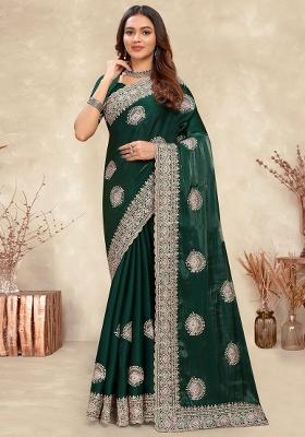 Dark Green Sequin Work Silk Saree Set