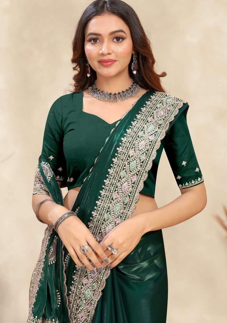 Dark Green Work Silk Saree Set with Sequin for Diwali | Wedding & Festive Wear - Indya