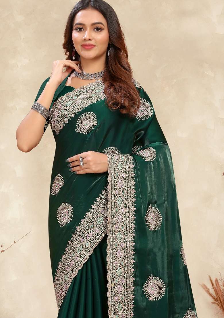 Dark Green Work Silk Saree Set with Sequin for Diwali | Wedding & Festive Wear - Indya