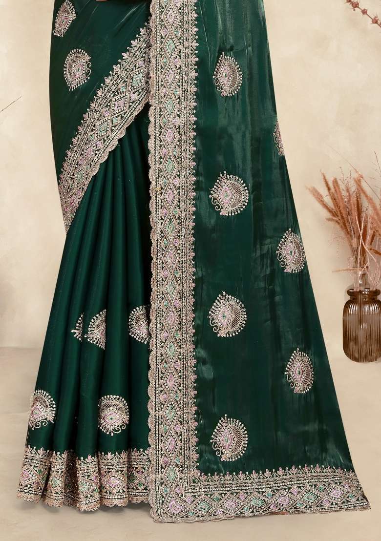 Dark Green Work Silk Saree Set with Sequin for Diwali | Wedding & Festive Wear - Indya