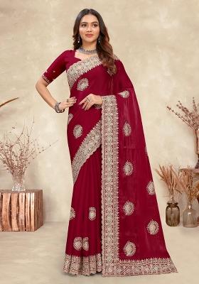 Red Sequin Work Silk Saree Set