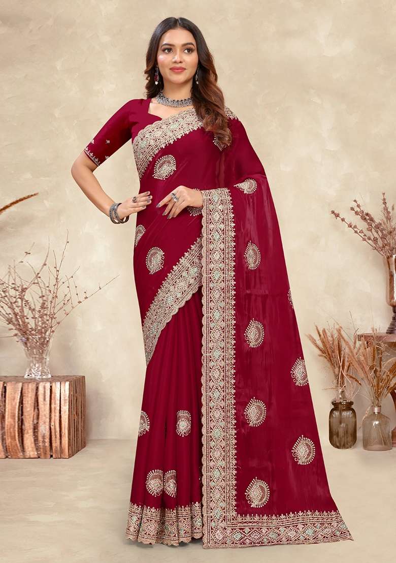 Red Work Silk Saree Set with Sequin for Diwali | Wedding & Festive Wear - Indya