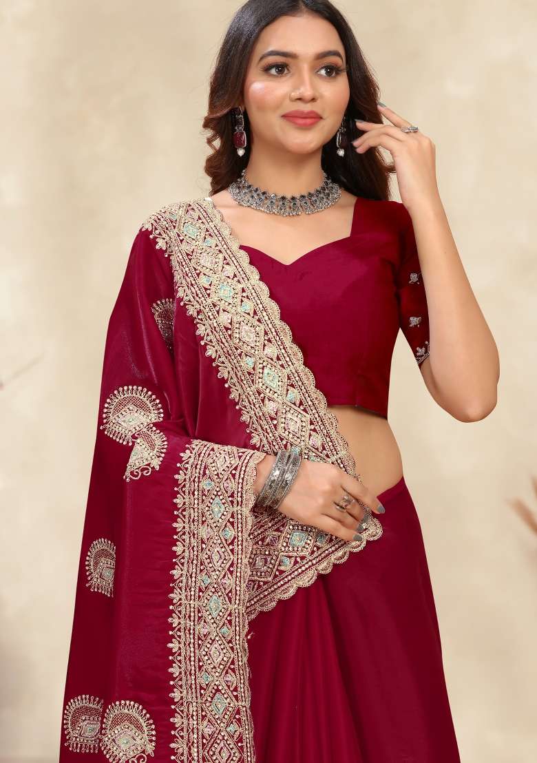 Red Work Silk Saree Set with Sequin for Diwali | Wedding & Festive Wear - Indya