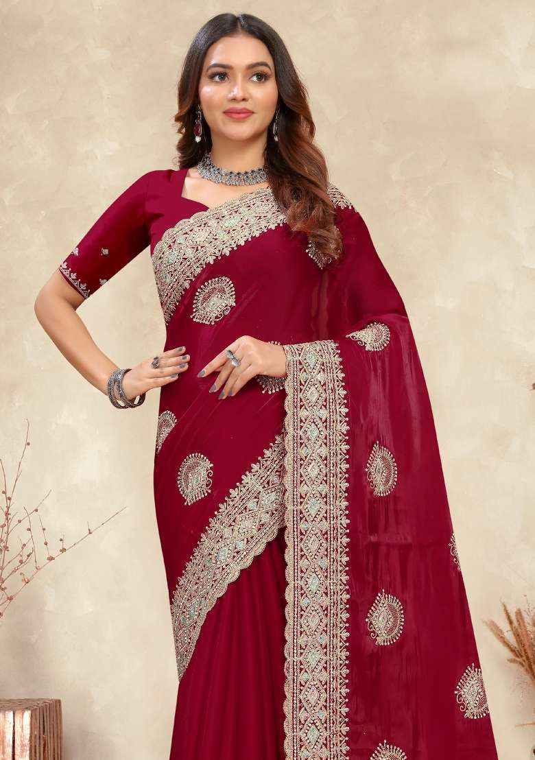 Red Work Silk Saree Set with Sequin for Diwali | Wedding & Festive Wear - Indya