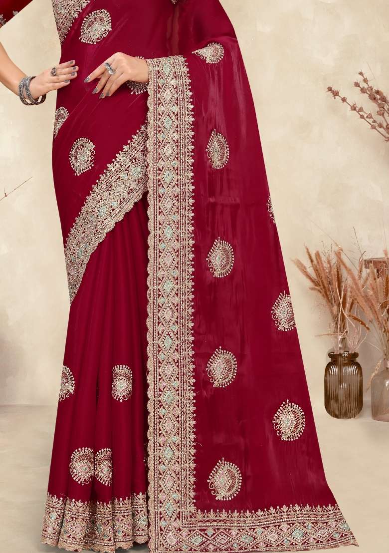 Red Work Silk Saree Set with Sequin for Diwali | Wedding & Festive Wear - Indya