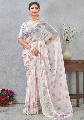 Pink Border Work Satin Saree Set