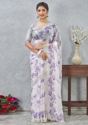 Purple Border Work Satin Saree Set