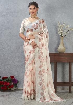 Peach Border Work Satin Saree Set