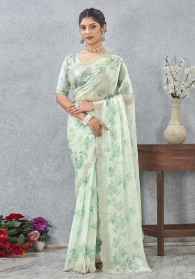 Sea Green Border Work Satin Saree Set