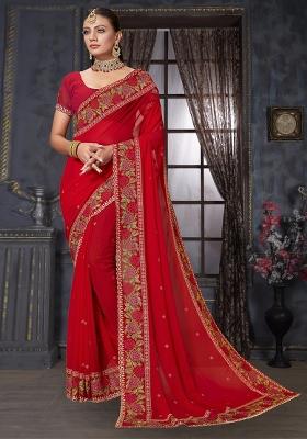 Red Sequin Work Georgette Saree Set