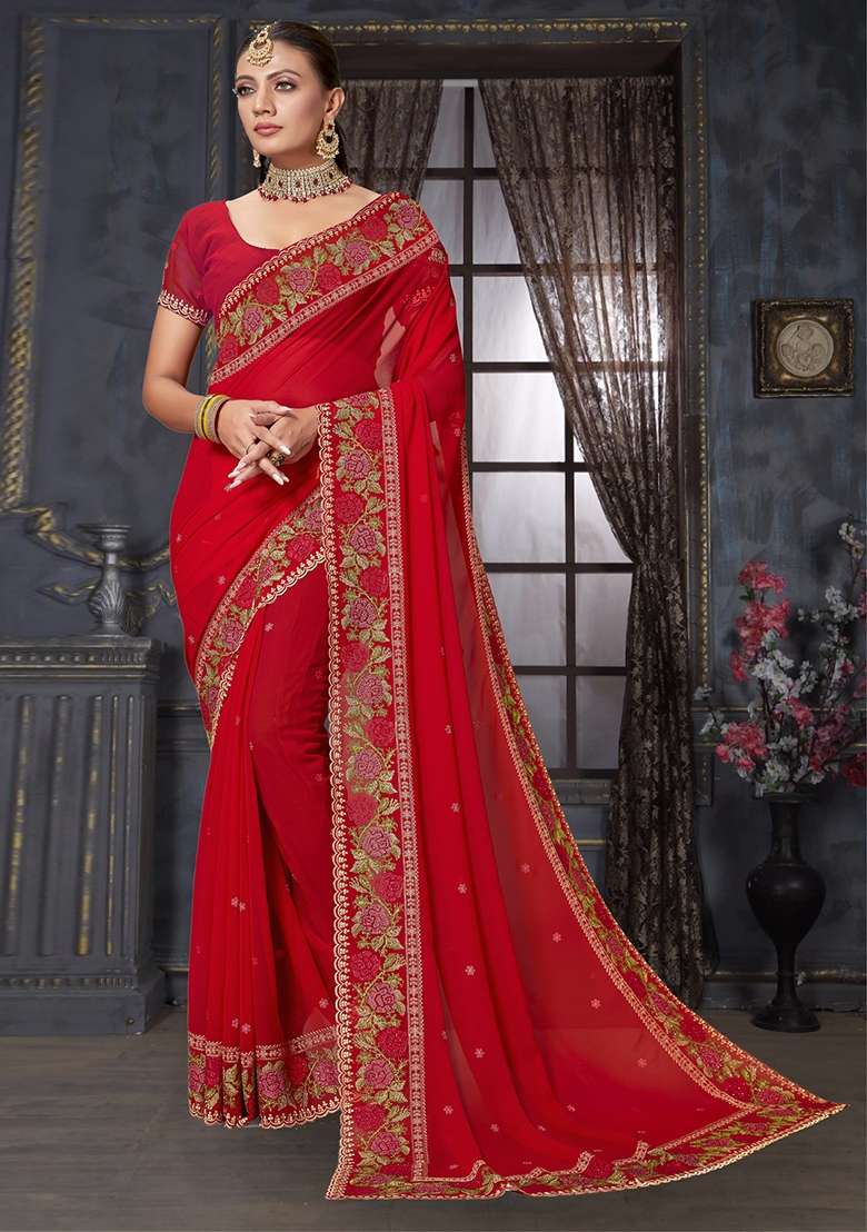 Red Sequin Work Georgette Saree Set for Diwali and Festive Wear - Indya