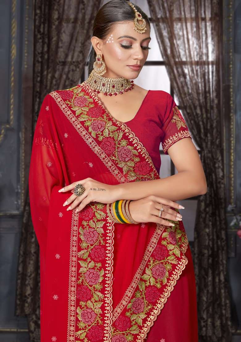 Red Sequin Work Georgette Saree Set for Diwali and Festive Wear - Indya