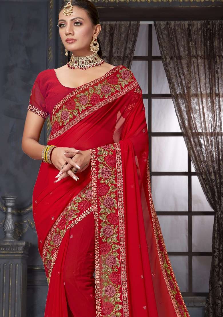 Red Sequin Work Georgette Saree Set for Diwali and Festive Wear - Indya
