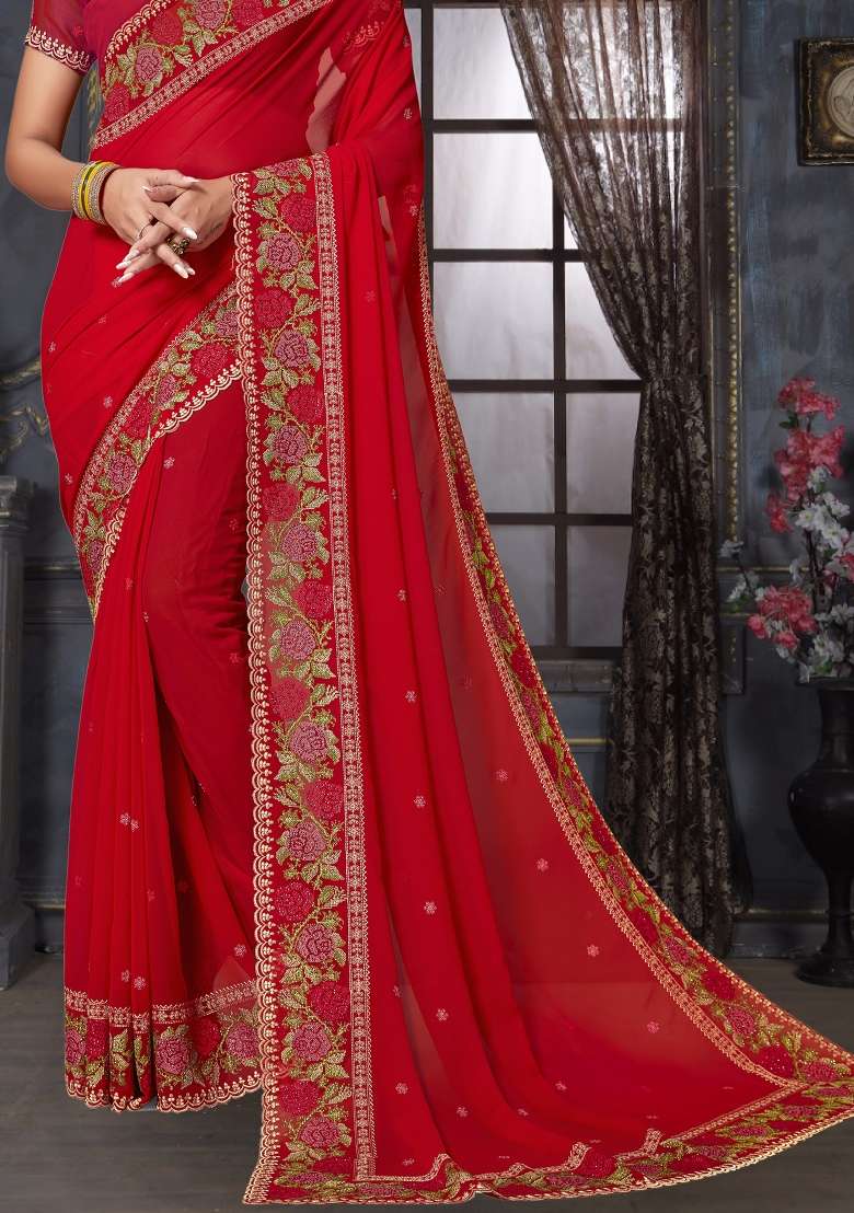 Red Sequin Work Georgette Saree Set for Diwali and Festive Wear - Indya