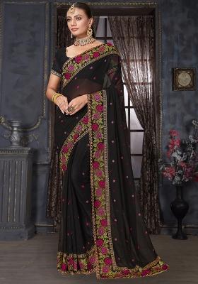 Black Sequin Work Georgette Saree Set