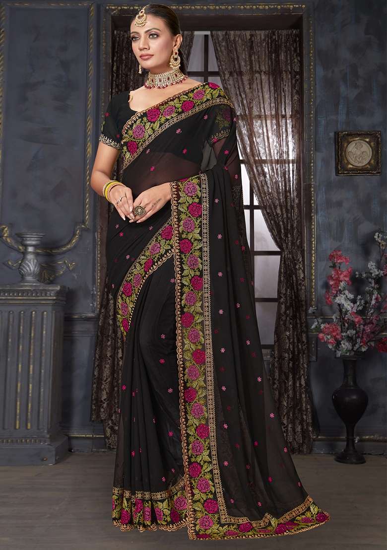 Black Work Georgette Saree Set with Sequin for Diwali | Wedding & Festive Wear - Indya