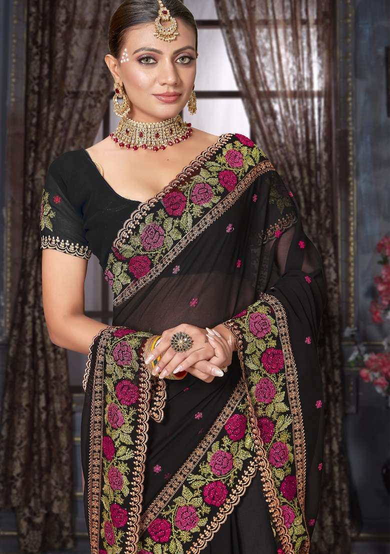 Black Work Georgette Saree Set with Sequin for Diwali | Wedding & Festive Wear - Indya