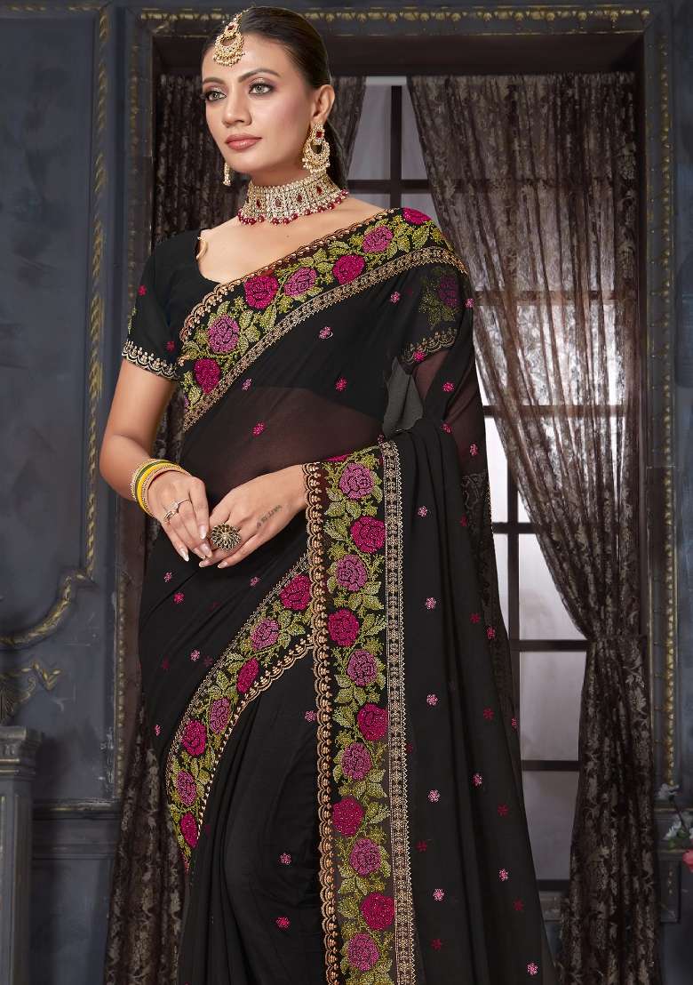 Black Work Georgette Saree Set with Sequin for Diwali | Wedding & Festive Wear - Indya