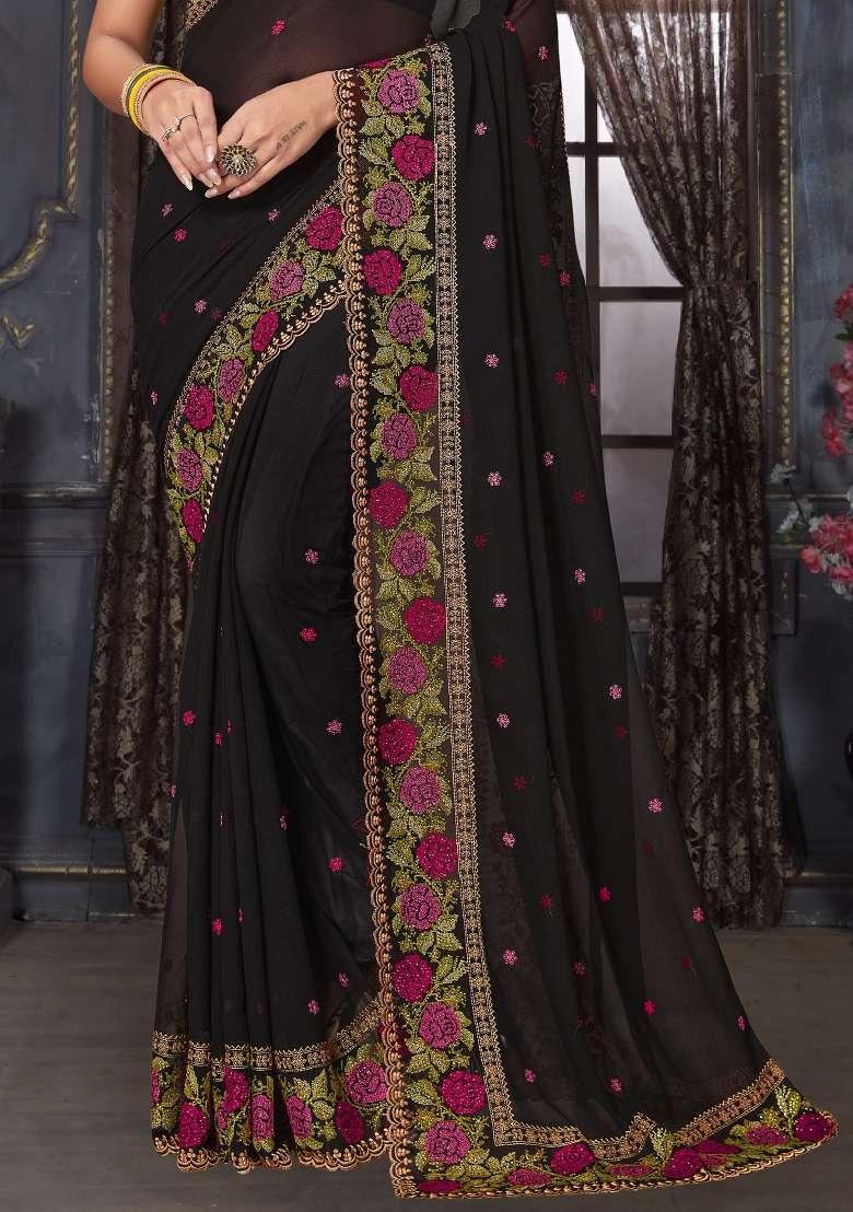 Black Work Georgette Saree Set with Sequin for Diwali | Wedding & Festive Wear - Indya