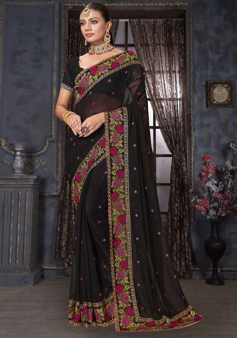 Black Work Georgette Saree Set with Sequin for Diwali | Wedding & Festive Wear