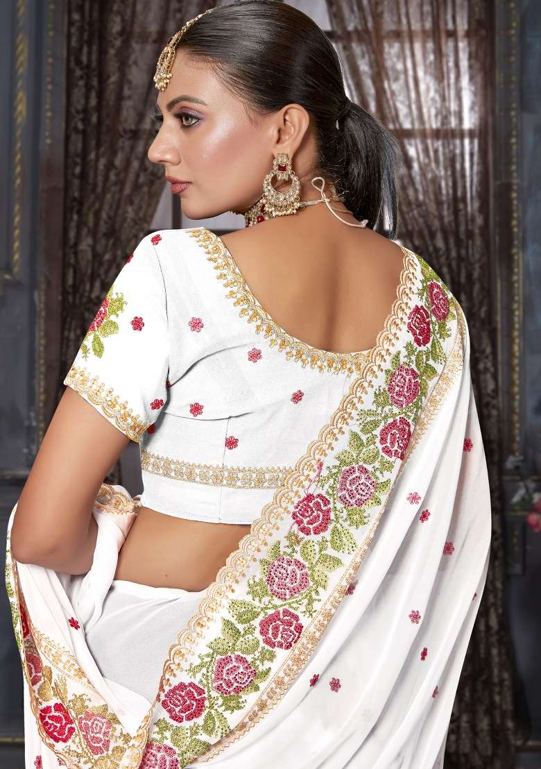 White Work Georgette Saree Set with Sequin for Diwali | Wedding & Festive Wear - Indya