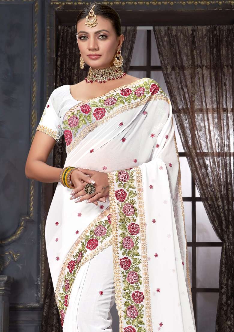 White Work Georgette Saree Set with Sequin for Diwali | Wedding & Festive Wear - Indya