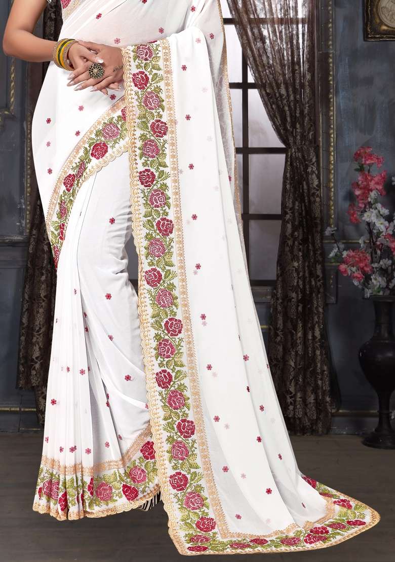 White Work Georgette Saree Set with Sequin for Diwali | Wedding & Festive Wear - Indya