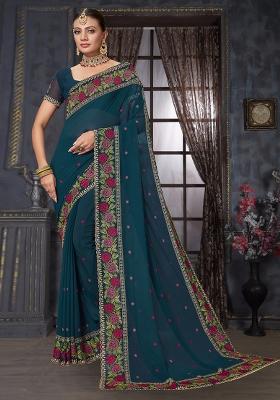 Teal Blue Sequin Work Georgette Saree Set