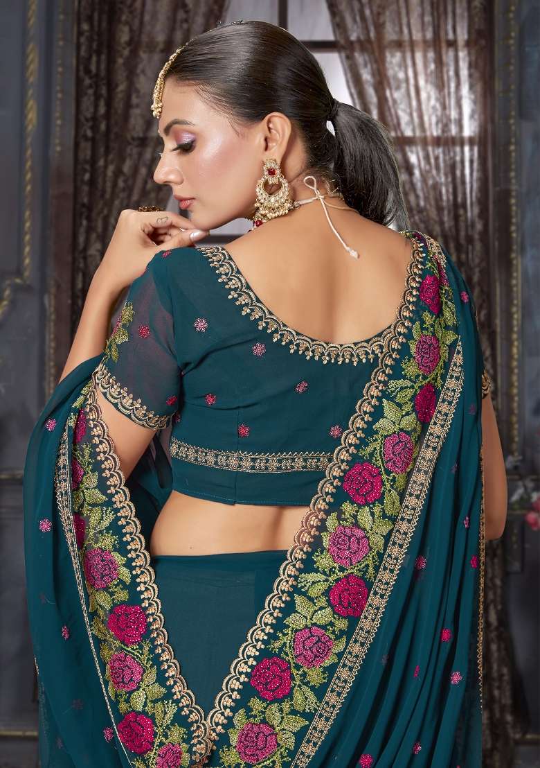 Teal Blue Sequin Work Georgette Saree Set for Diwali and Festive Wear - Indya