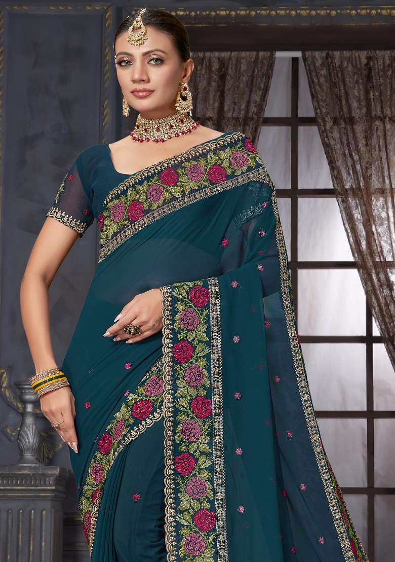 Teal Blue Sequin Work Georgette Saree Set for Diwali and Festive Wear - Indya