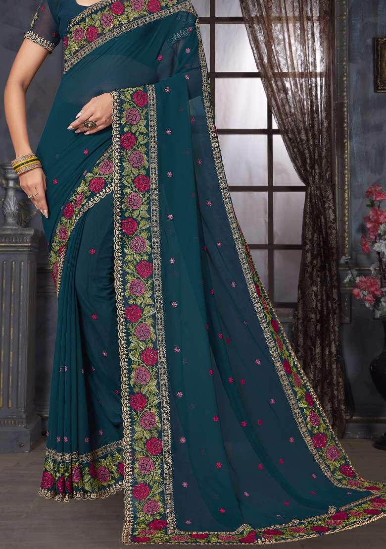 Teal Blue Sequin Work Georgette Saree Set for Diwali and Festive Wear - Indya